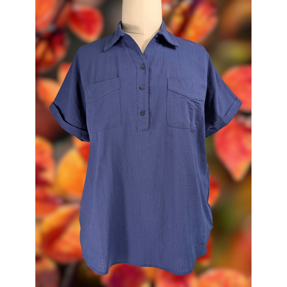 CHIGANT XL Womens Navy Blue Linen look and feel 100% Cotton Short Sleeve Shirt